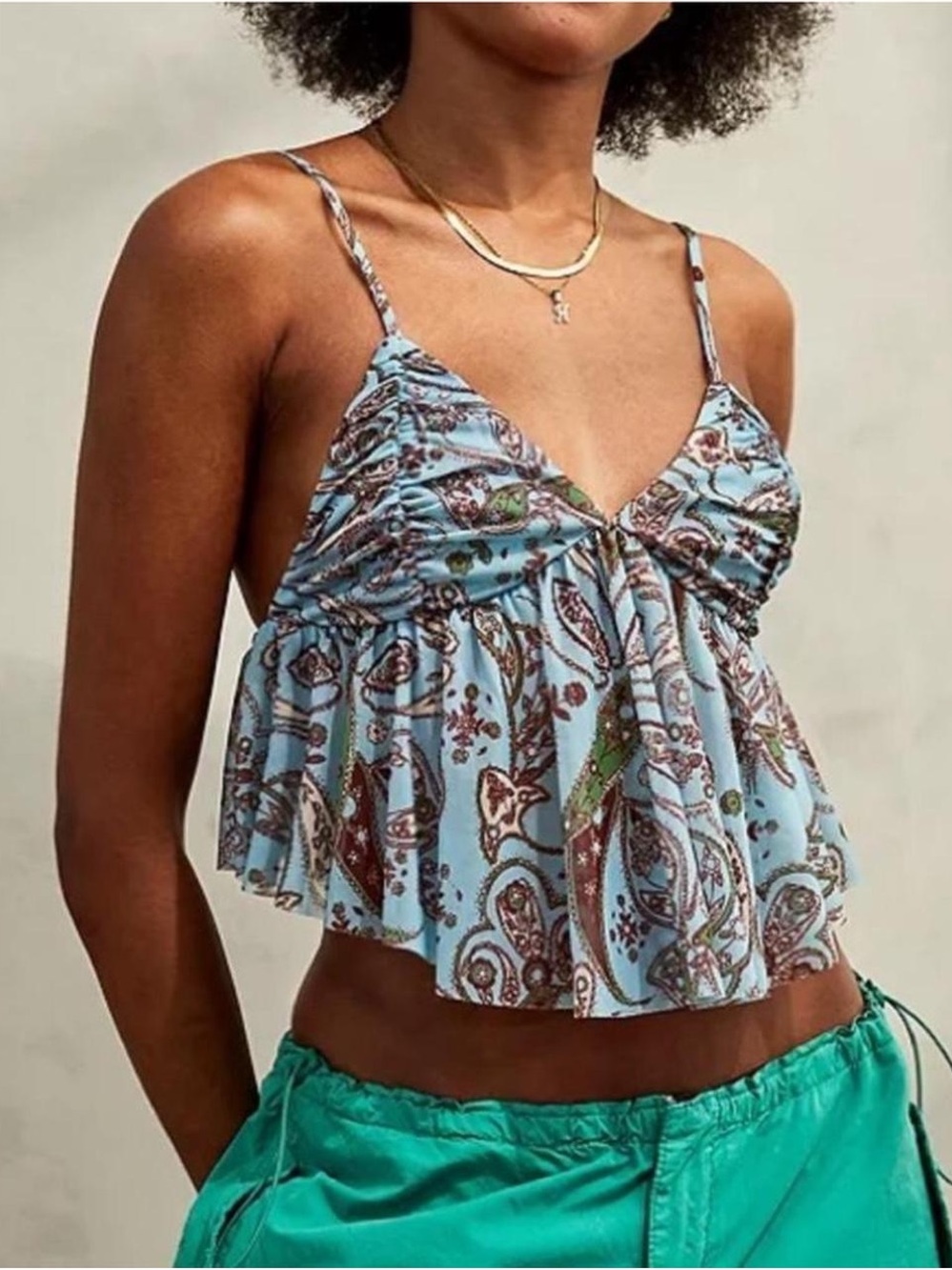 Urban Outfitters Size S Paisley Ruched Cami Babydoll Crop V-Neck Top